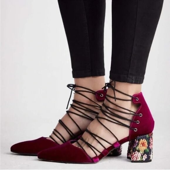 Free People Women’s Top Down Block Heels Velvet  Floral Purple / Black 37 US 6.5 - Picture 1 of 10